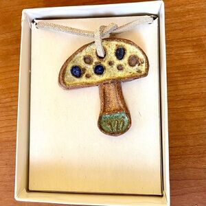 Vintage 70s Mushroom Necklace Ceramic Leather Lanyard Handmade Artisan Pendant
